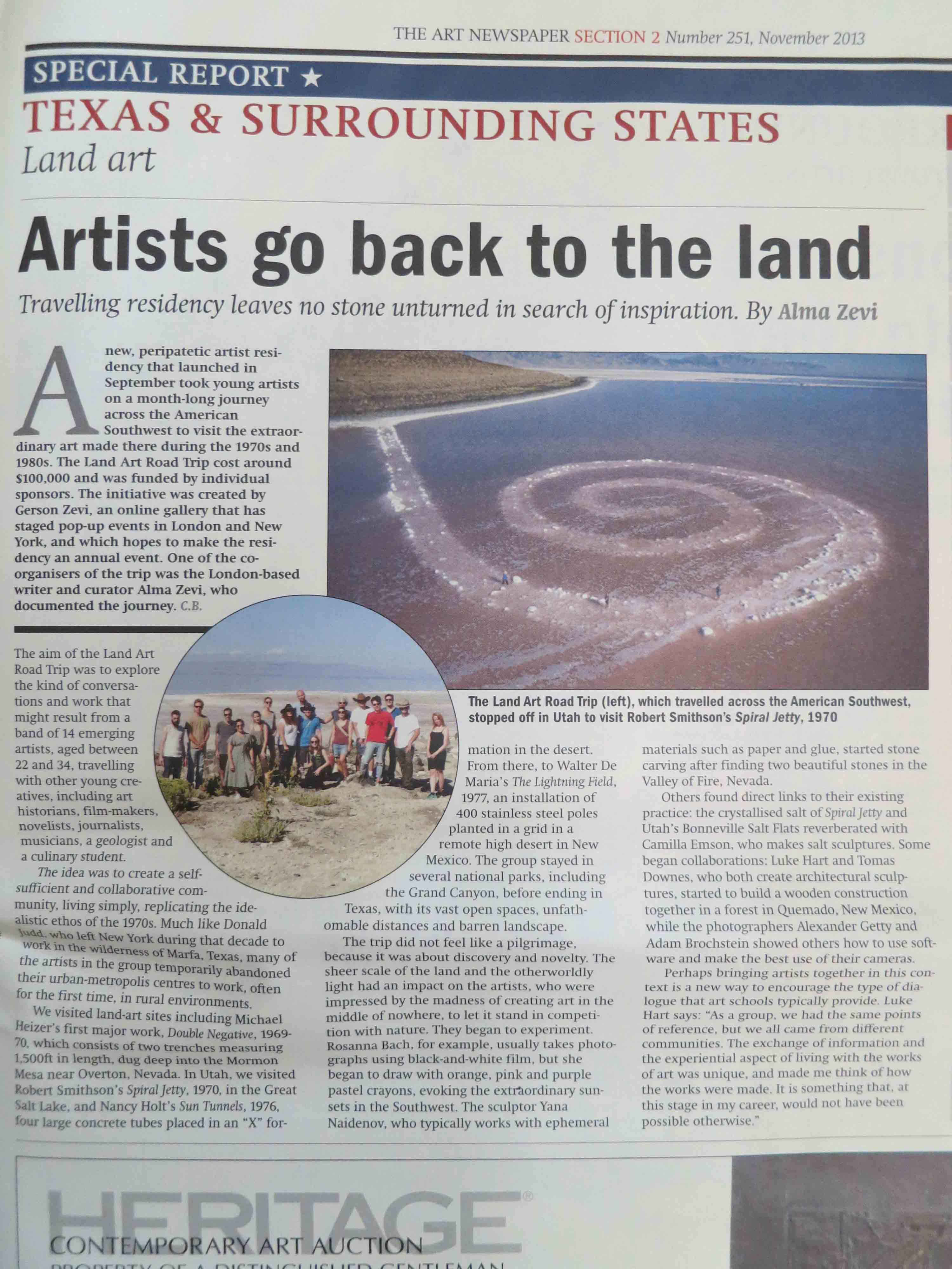 Artists Go Back to the Land, Art Newspaper article by Alma Zevi, Gerson Zevi, Land Art Road Trip, Yana Naidenov, 2014