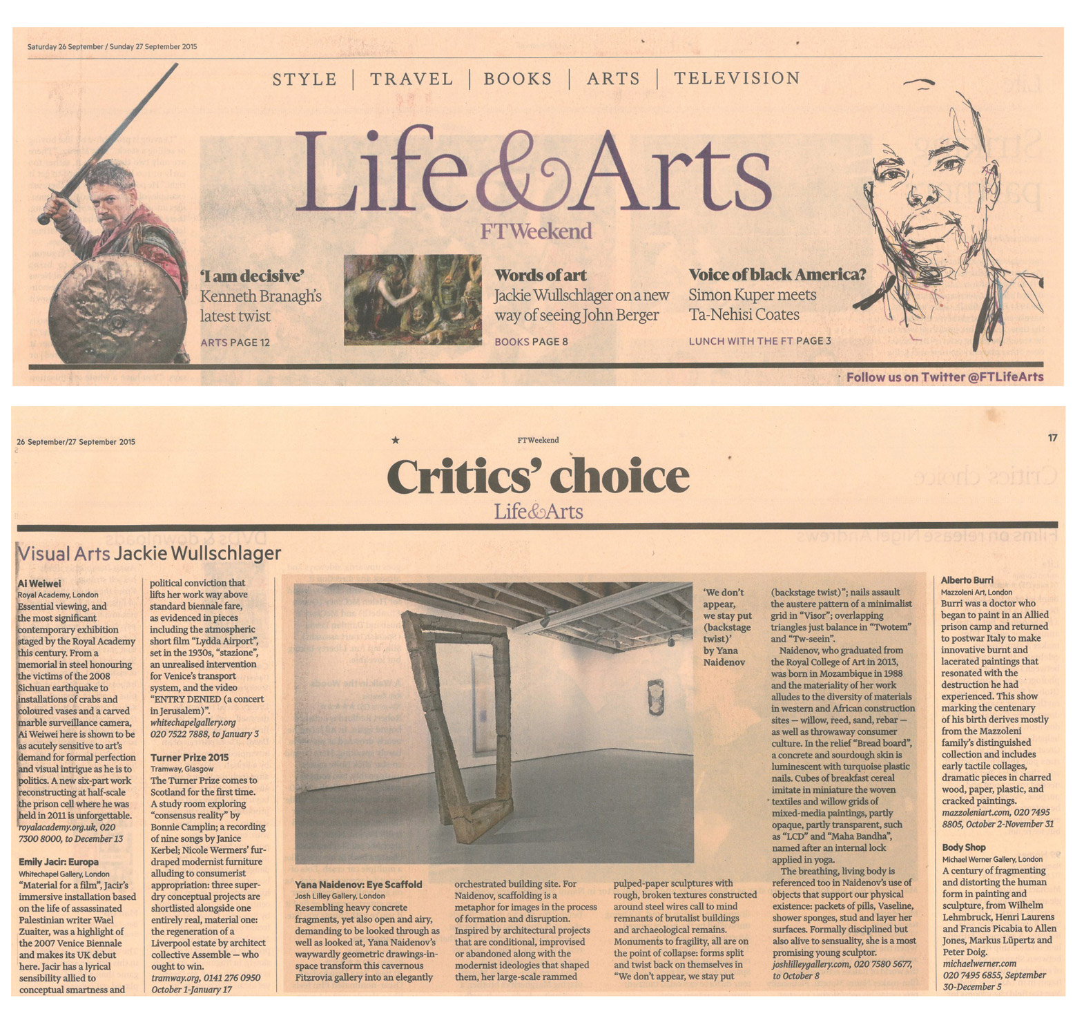 Financial Times, Jackie Wulschlager, Art critic review, Yana Naidenov, solo show Eye Scaffold at Josh Lilley Gallery, September 2015